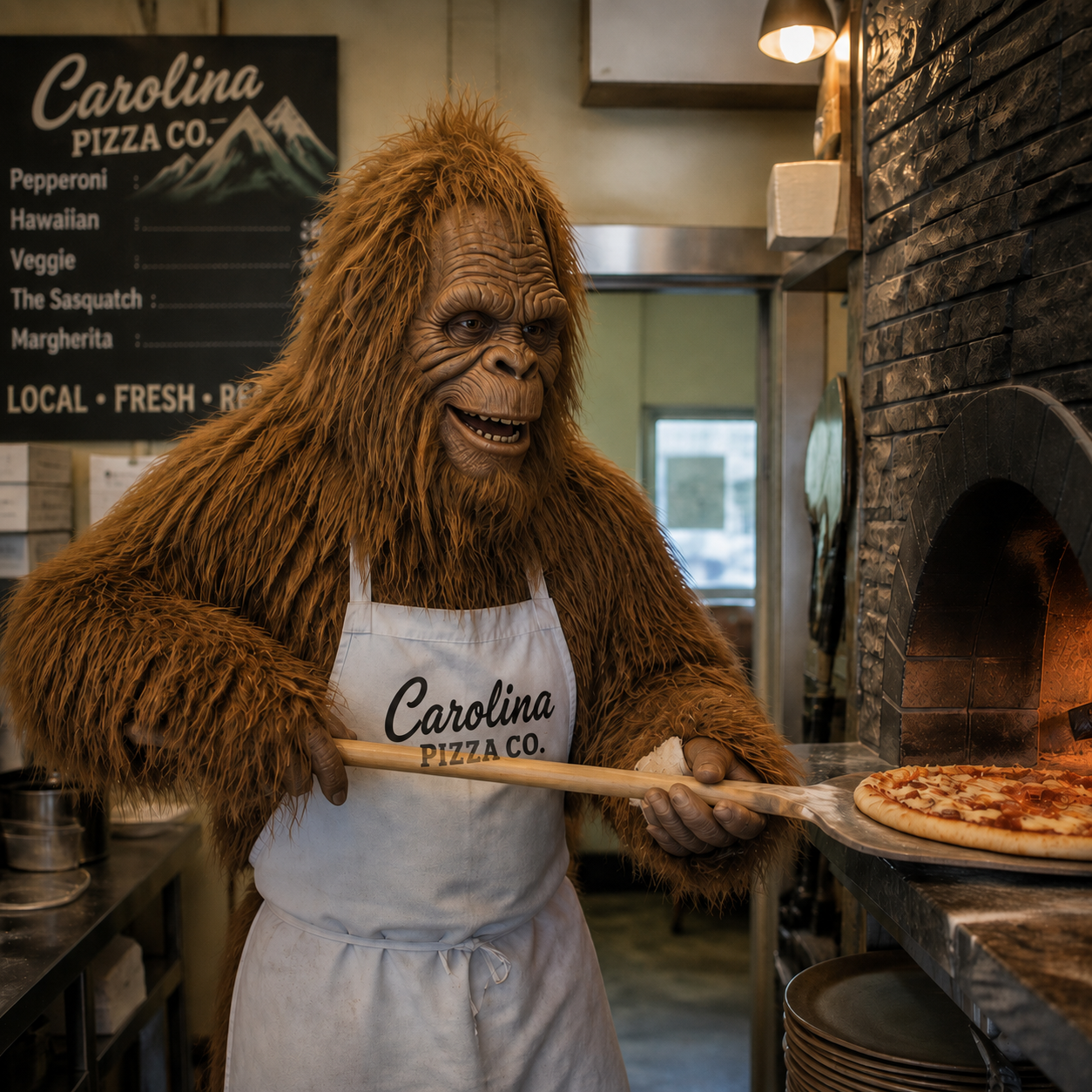 Carolina Pizza Co. team member wearing a Sasquatch mask while placing a pizza into the oven.