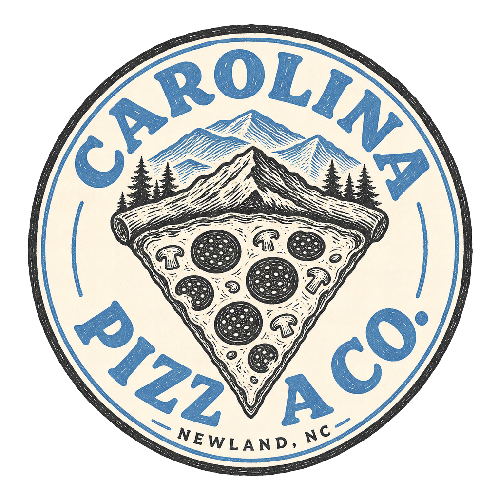 Carolina Pizza Co. logo featuring a pizza slice shaped like a Blue Ridge mountain.
